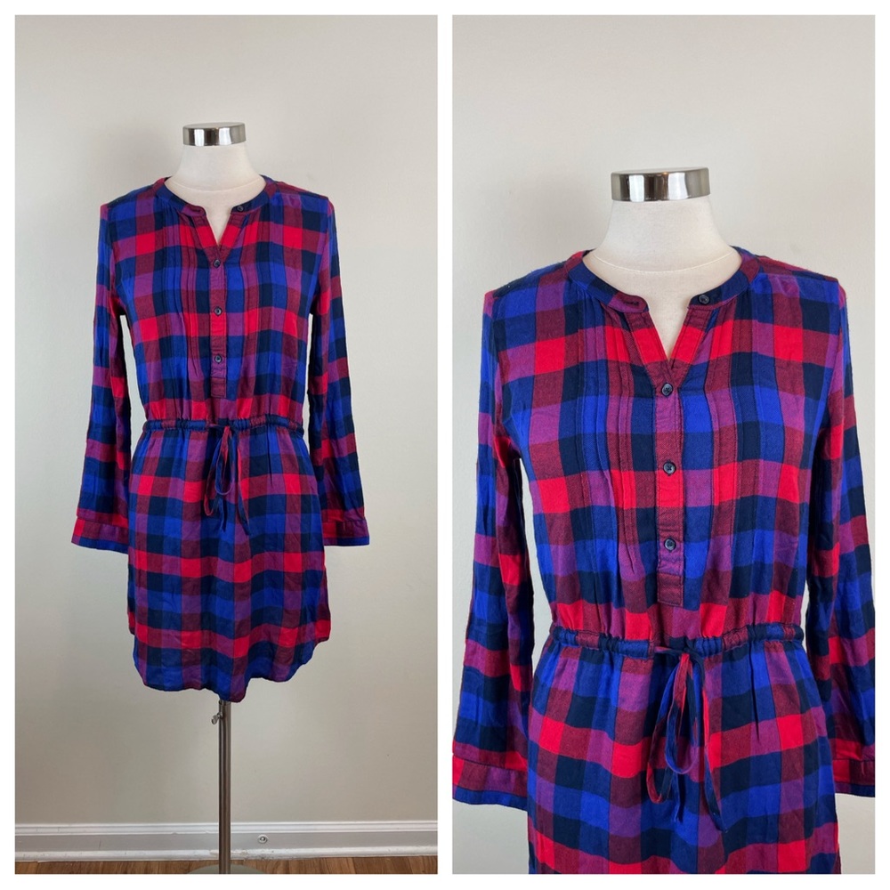 Lucky Brand Red Blue Plaid Long Sleeve Dress Women Size Small Boho Casual